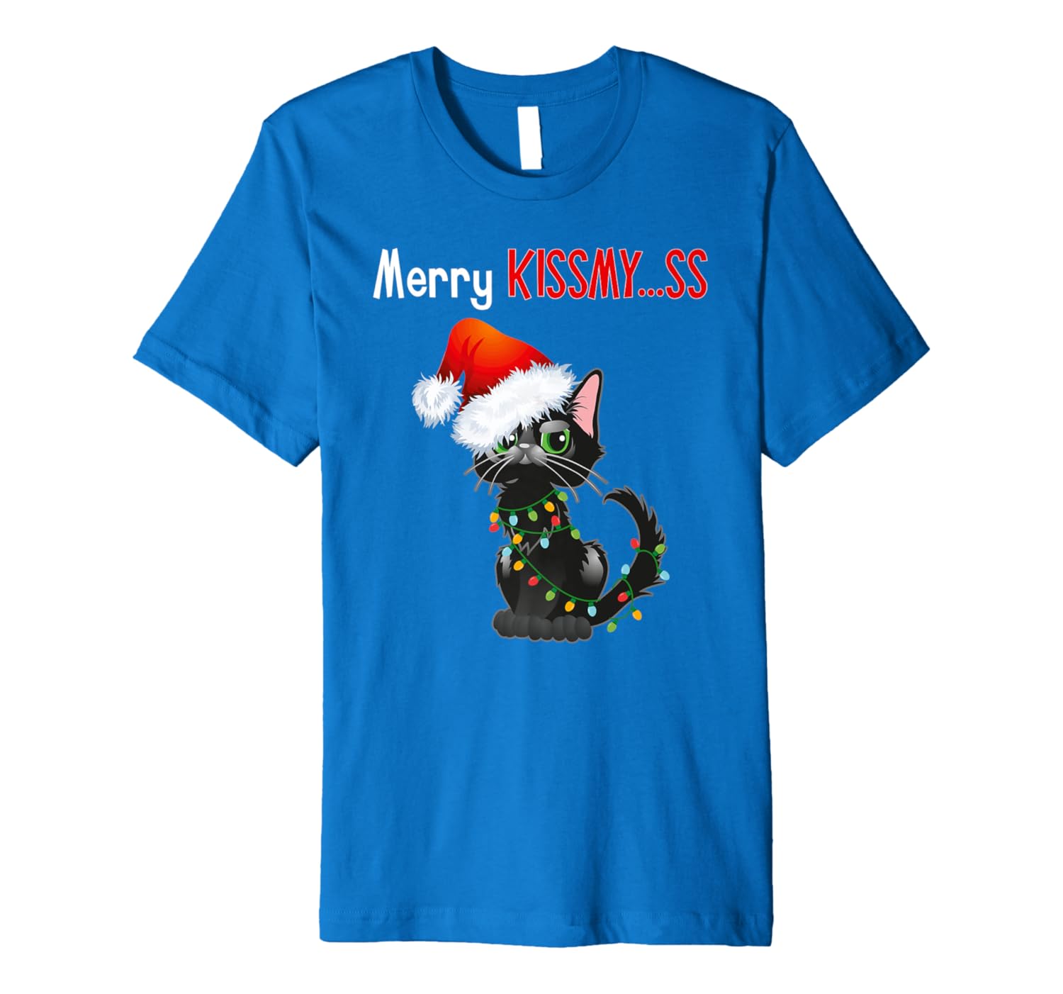 Merry Kissmy..ss Black Cat Christmas Lights Cat In Santa Hat Premium T